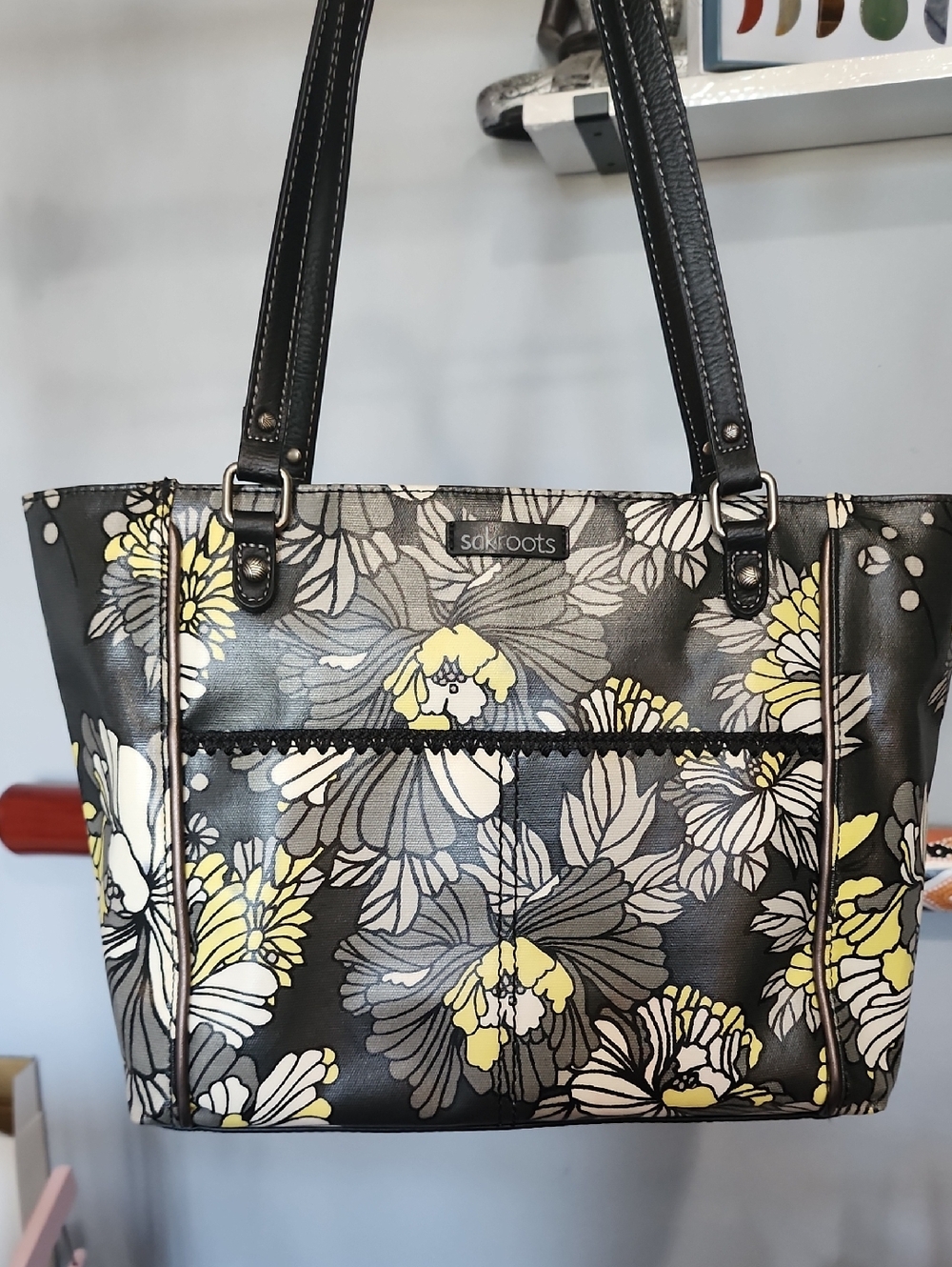 Sakroots Black Floral Tote with Yellow and Gray Blooms New No Tags